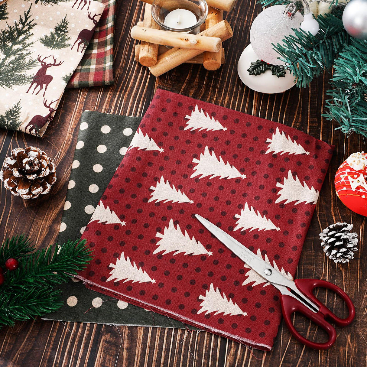 Whaline 12Pcs Cotton Fabric Bundles Woodland Poinsettia Reindeer Tree Printed Fat Quarters Plaid Xmas Sewing Fabrics for Christmas DIY Handmade Crafting, 18 x 22 Inch