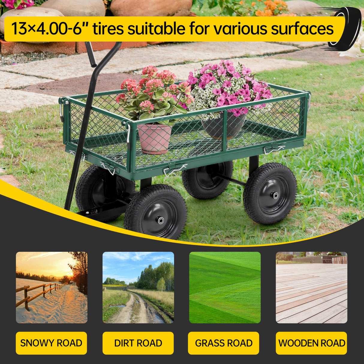 4Pc,13x4.0-6 Flat Free Tire and Wheel Replacement for Gorilla Cart,5/8"Axle