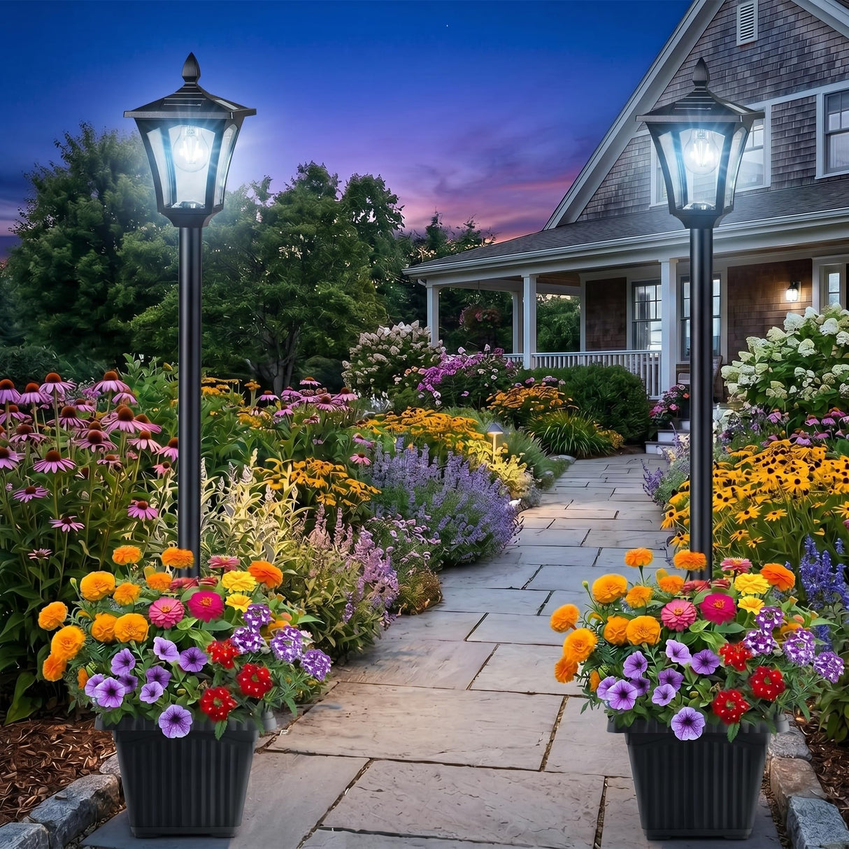 Benany 76" Solar Lamp Post Lights with Planter, Glass & Metal Street Light Outdoor Waterproof, 60 Lumens Dusk to Dawn Solar Pole Light for Garden, Yard, Driveway, Porch, Patio, Cool White