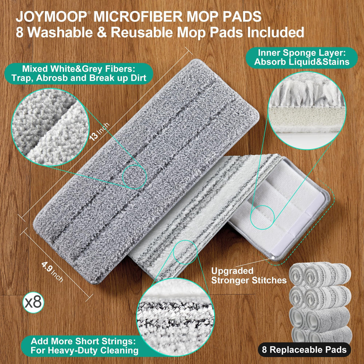 JOYMOOP Mop and Bucket Set with Wringer, Dust Mops for Floor Cleaning, Wall Cleaner with Long Handle,Wet and Dry Use - 8 Microfiber Mop Pads