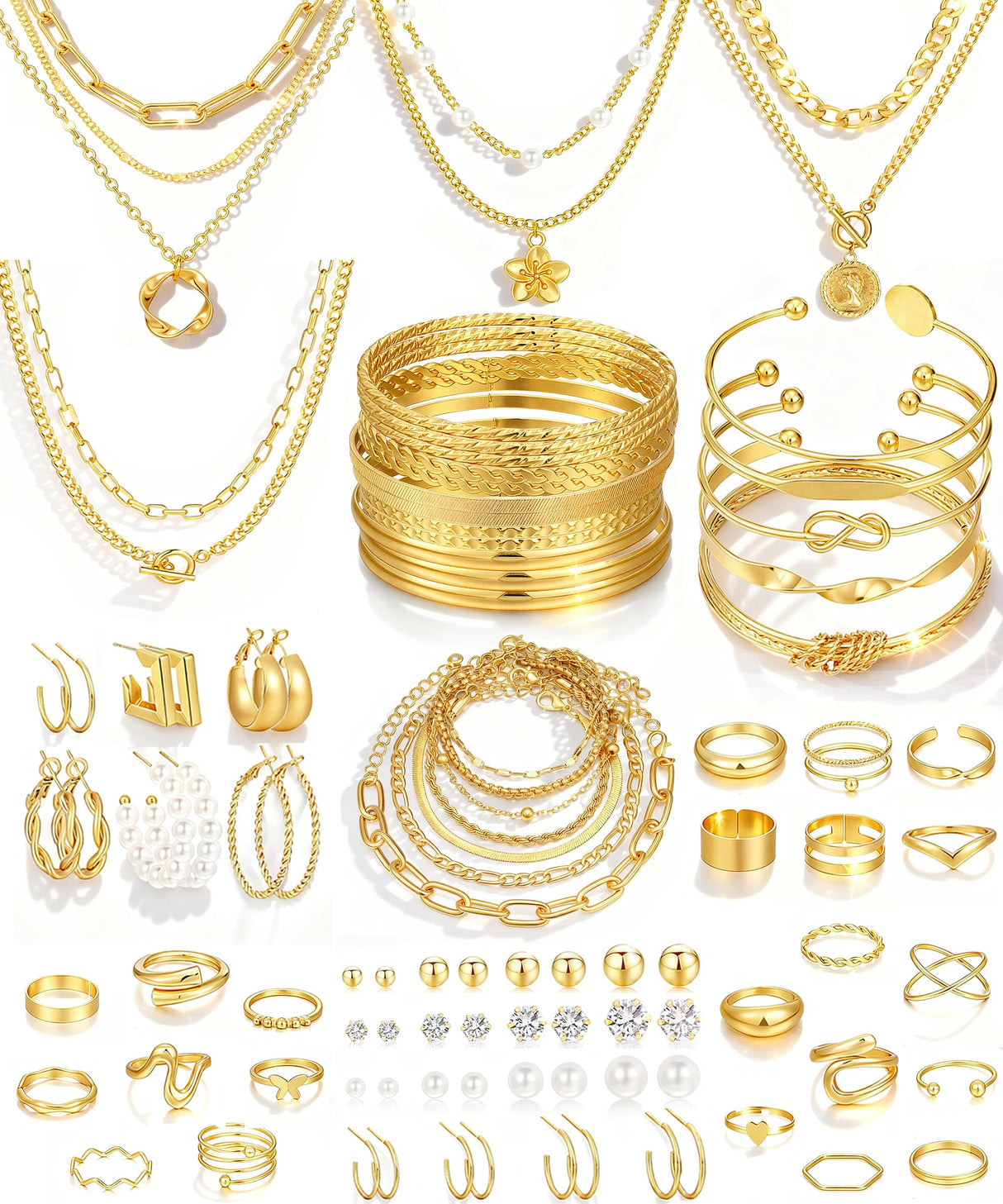 17 MILE 78 Pieces Gold Jewelry Set for Women, 9 Necklace, 24 Bangle Bracelet, 22 Earrings, 23 Knuckle Rings Ties Gold Plated Jewerly set for Women Gift