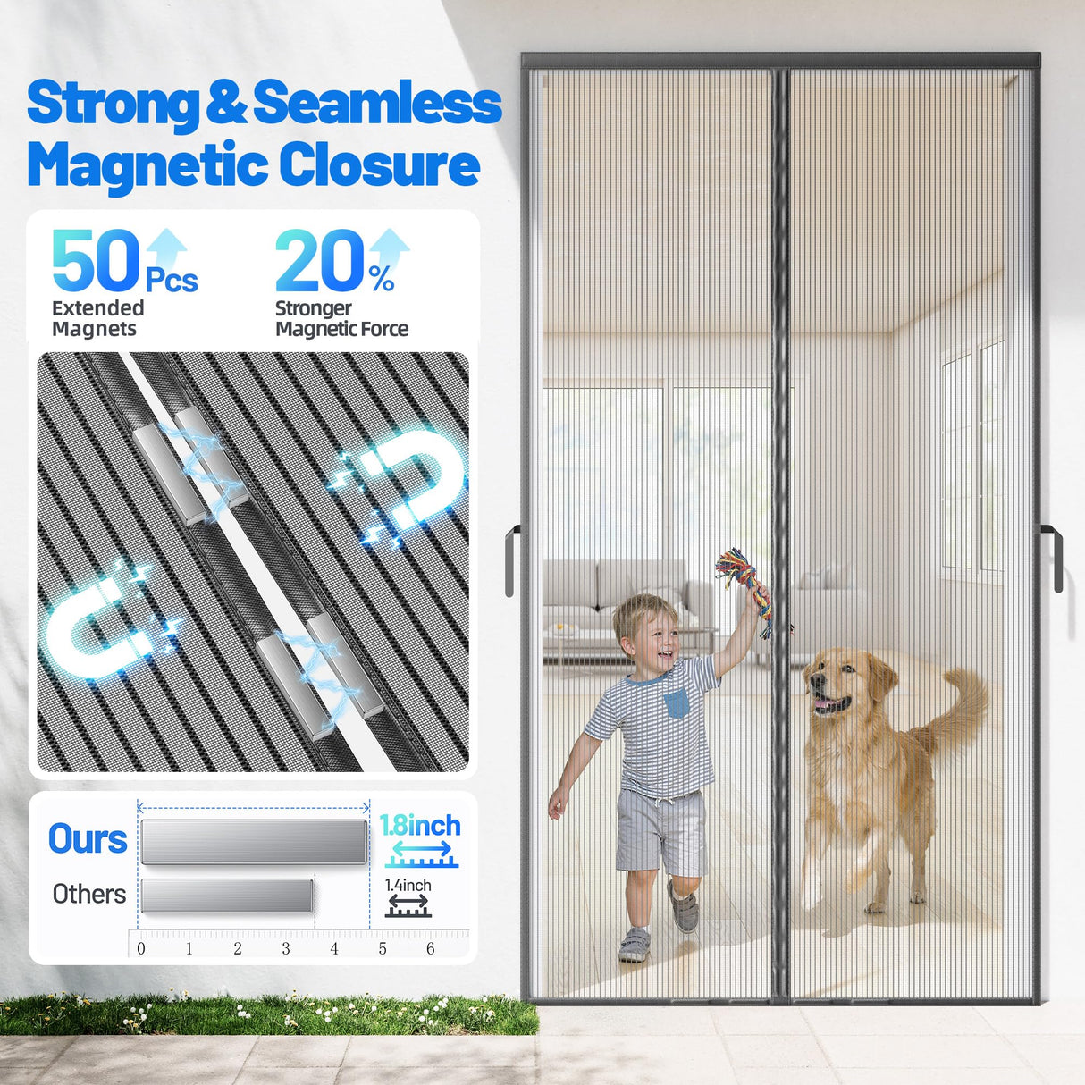 Heavy Duty Magnetic Screen Door Mesh - Auto-Sealing Hand-Free Door Net Screen with 50 Magnets, Pet & Kid Friendly, PET Fine Mesh Doors Screens Keep Bugs & Mosquitos Out Fits Front Doors Size 32” x 80”