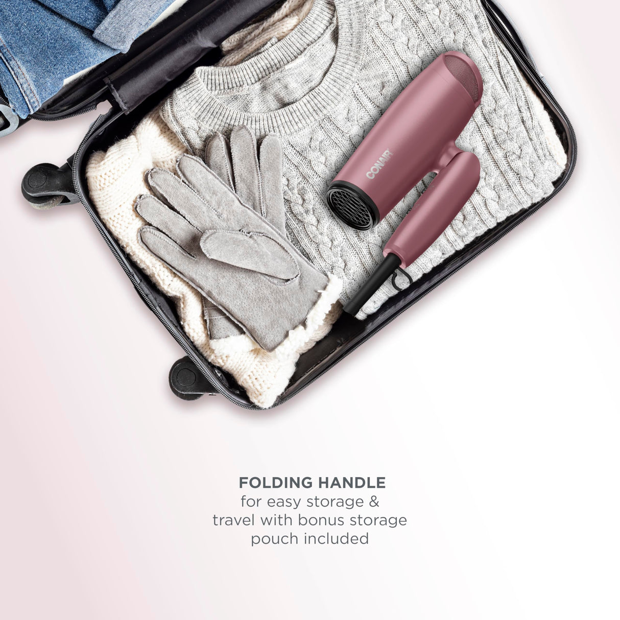 Conair Hair Dryer with Diffuser and Folding Handle, Travel Friendly Hair Dryer, Radiance Boost Blow Dryer for Less Frizz, More Shine, and Irresistibly Silky Hair, Includes Diffuser and Concentrator