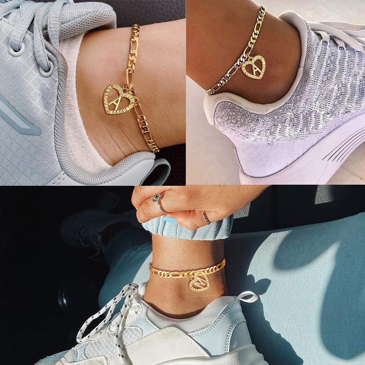 YANODA Gold Initial Pendant Necklace Anklet Bracelet for Women 14K Gold Plated Figaro Chain Letter Initial Heart Necklace Anklets Alphabet Foot Jewelry Personalized Jewelry for Women S