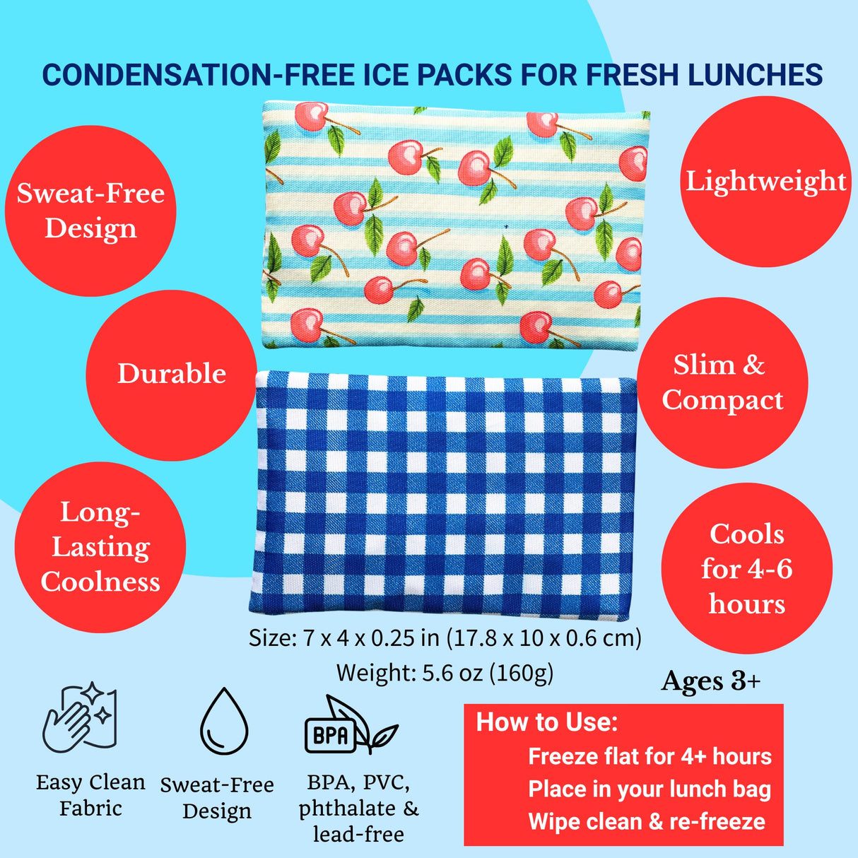 Yumbox Reusable Condensation Free Soft Ice Packs with Fabric Sleeve for Lunch Box and Cooler, Sweatproof, Pack of 2 Gel Ice Packs (Vichy)