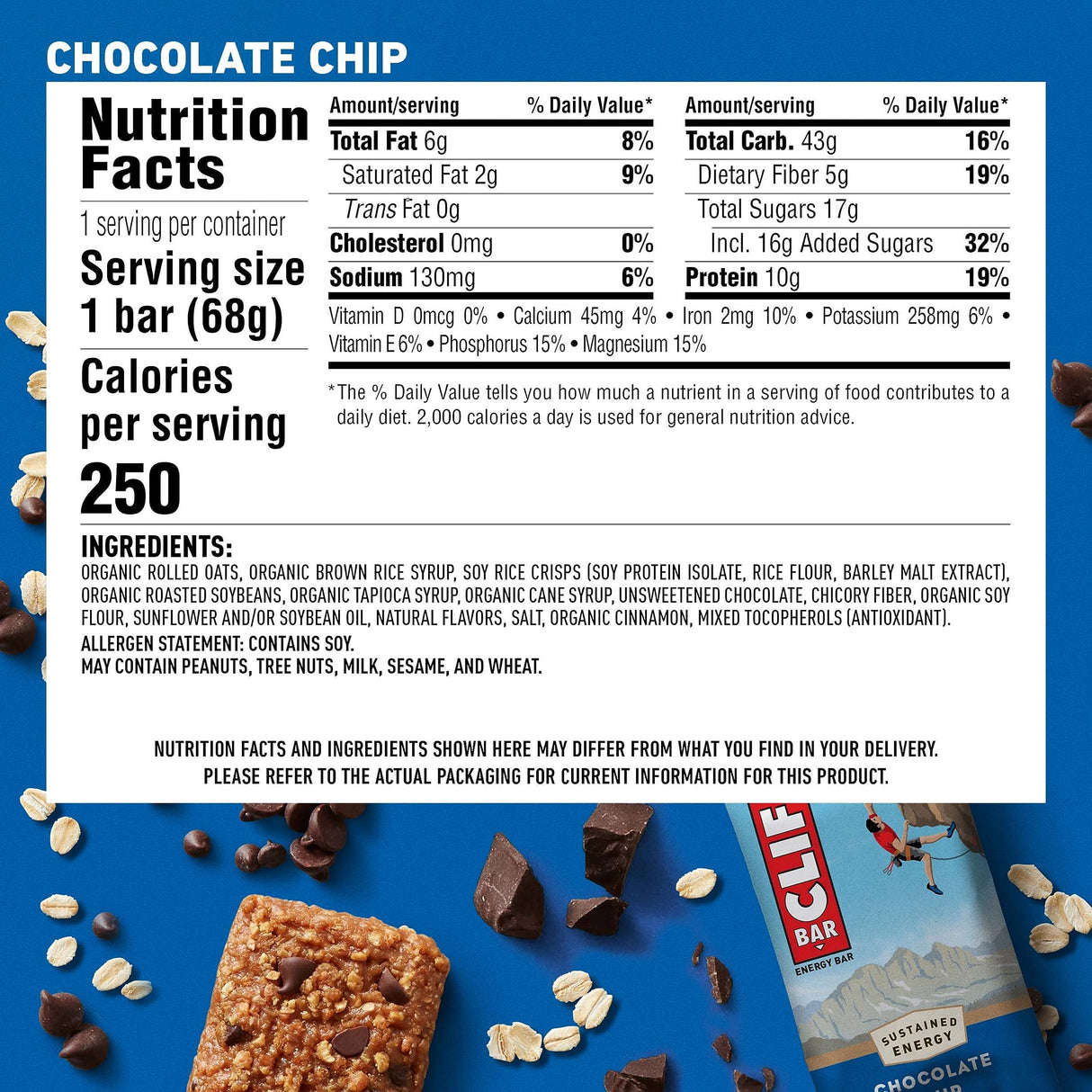 CLIF BAR - Protein Bars - Chocolate Chip - Made with Organic Oats - Energy Bars - Non-GMO - (15 Pack)