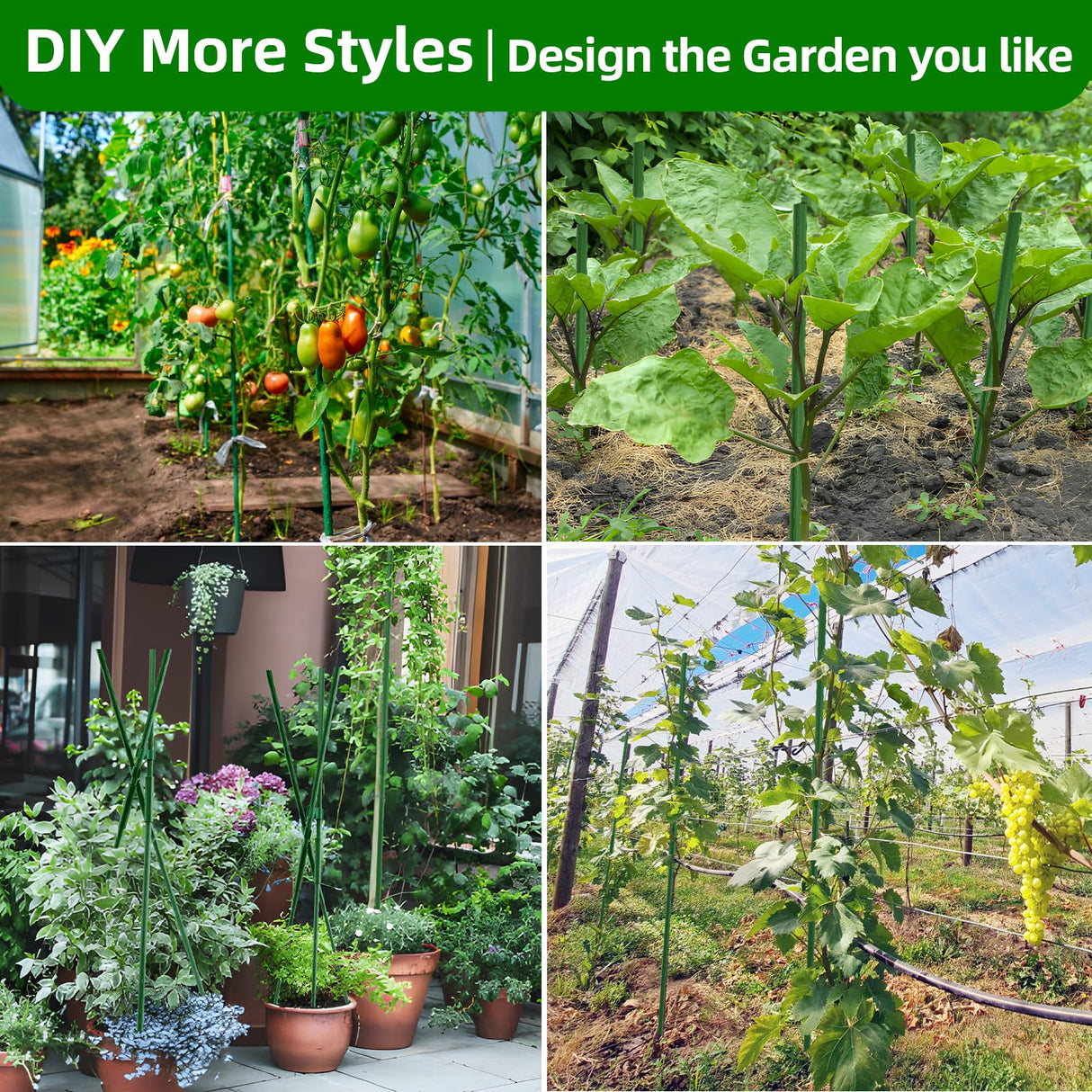 Fabulas Garden Stakes 16 Inch 30 Pack, Diy 4ft 5ft 6ft 7ft 8ft Tomato Stakes Plastic Coated Metal Plant Sticks Stakes Supports with 20 Connectors 15 Rotatable Clips for Indoor Outdoor Plants Vegetable
