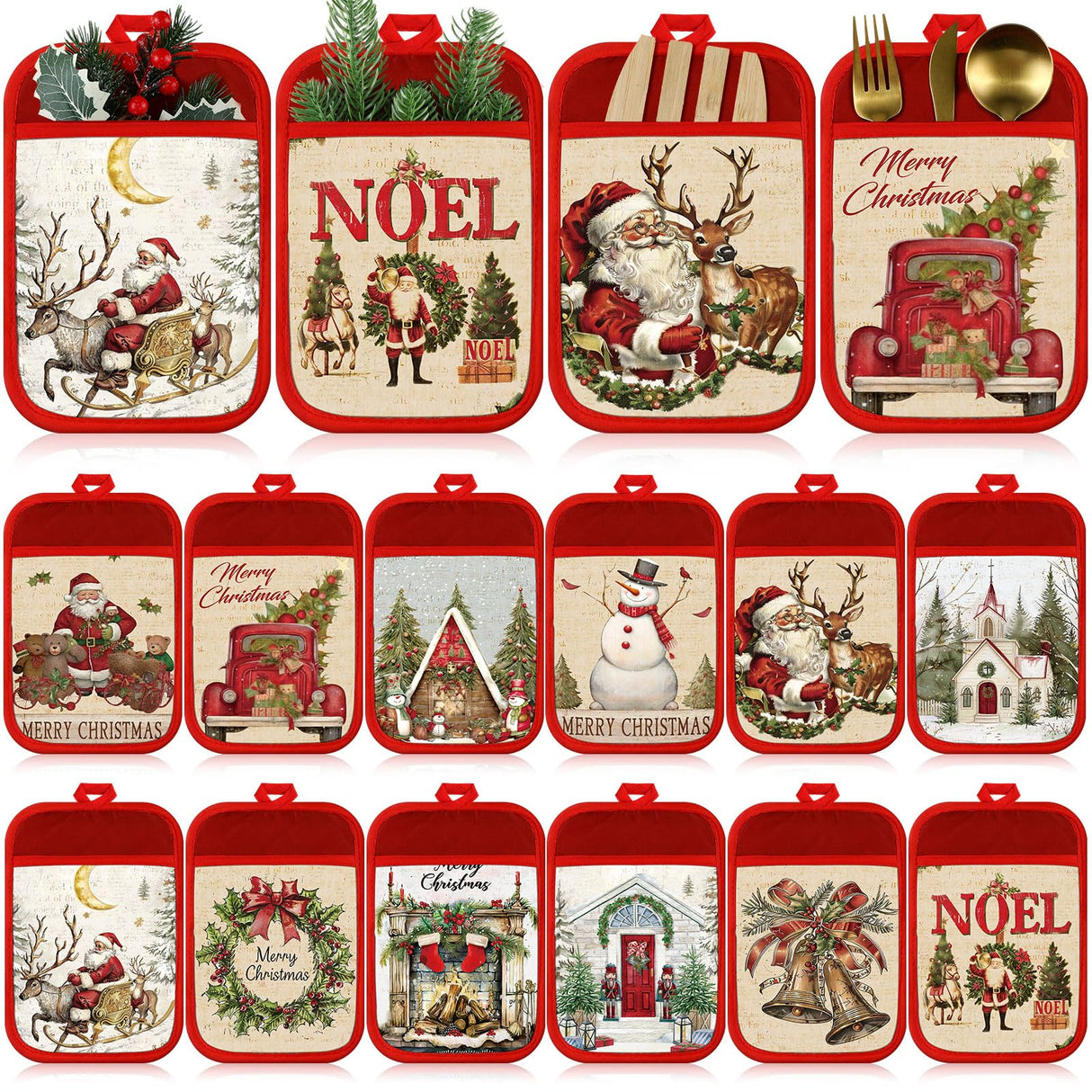 Jingmore 12 Pcs Christmas Pot Holders with Pocket Xmas Retro Pot Holders for Kitchen Winter Hot Pads Oven Mitts Cookie Bag Cute Heat Resistant Farmhouse Oven Gloves Baking Cooking
