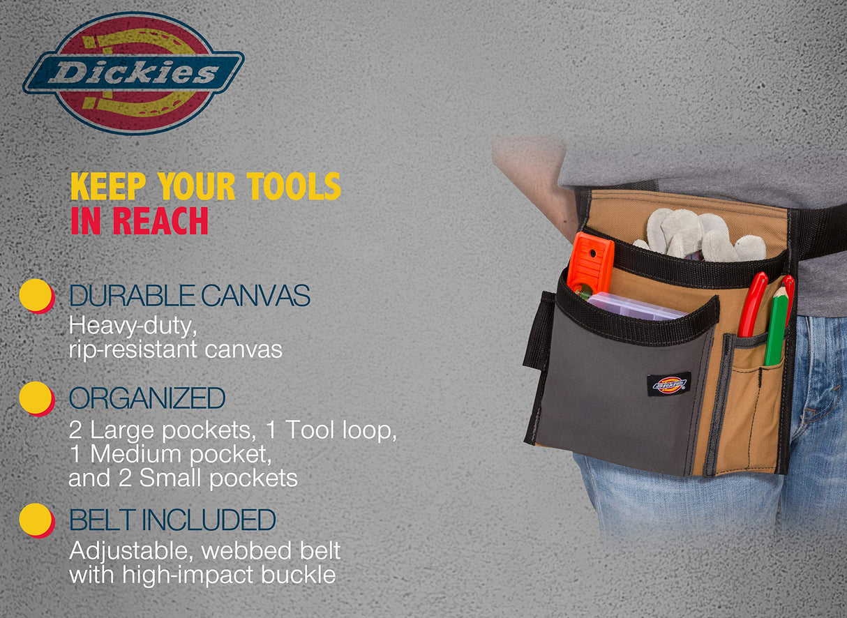 Dickies 5-Pocket Single Side Tool Belt Pouch/Work Apron, Durable Canvas Construction, Adjustable Belt for Custom Fit, Black