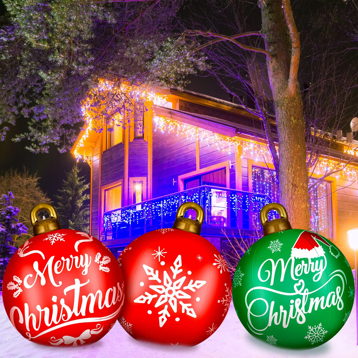 Jetec 4 Pcs 32 Inch Giant Inflatable Christmas Ball Large Xmas Inflatable Ornaments PVC Outdoor Holiday Blow Ball Outside Yard Lawn Porch Decorations(Mixed Red Green,Classic)