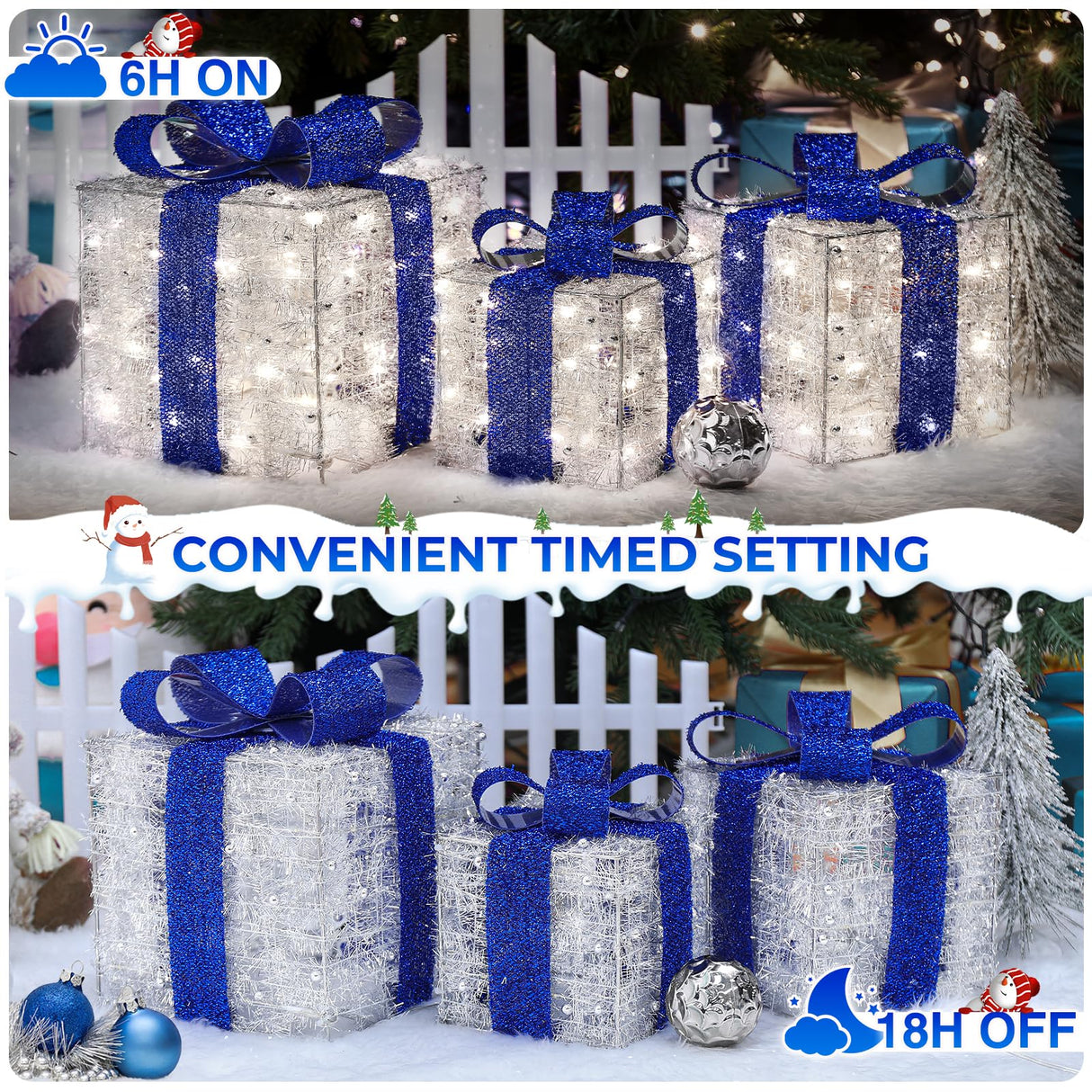 Blue Christmas Decorations, Christmas Lighted Gift Boxes 140 LEDs Light Up Presents Christmas Decor, 8 Modes & Timer Function Plug-in Set of 3 Lighted Christmas Boxes for Xmas Holiday Indoor Outdoor
