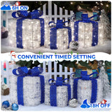 Blue Christmas Decorations, Christmas Lighted Gift Boxes 140 LEDs Light Up Presents Christmas Decor, 8 Modes & Timer Function Plug-in Set of 3 Lighted Christmas Boxes for Xmas Holiday Indoor Outdoor