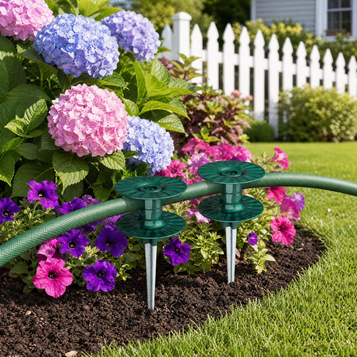 Zapdos 6PCS 10 Inch Heavy Duty Outdoor Yard Garden Hose Guides, Dark Green Metal Stakes with Rotatable Spin Top, Durable Hose Spikes Keep Water Hose Away from Flower Beds & Lawn Plants