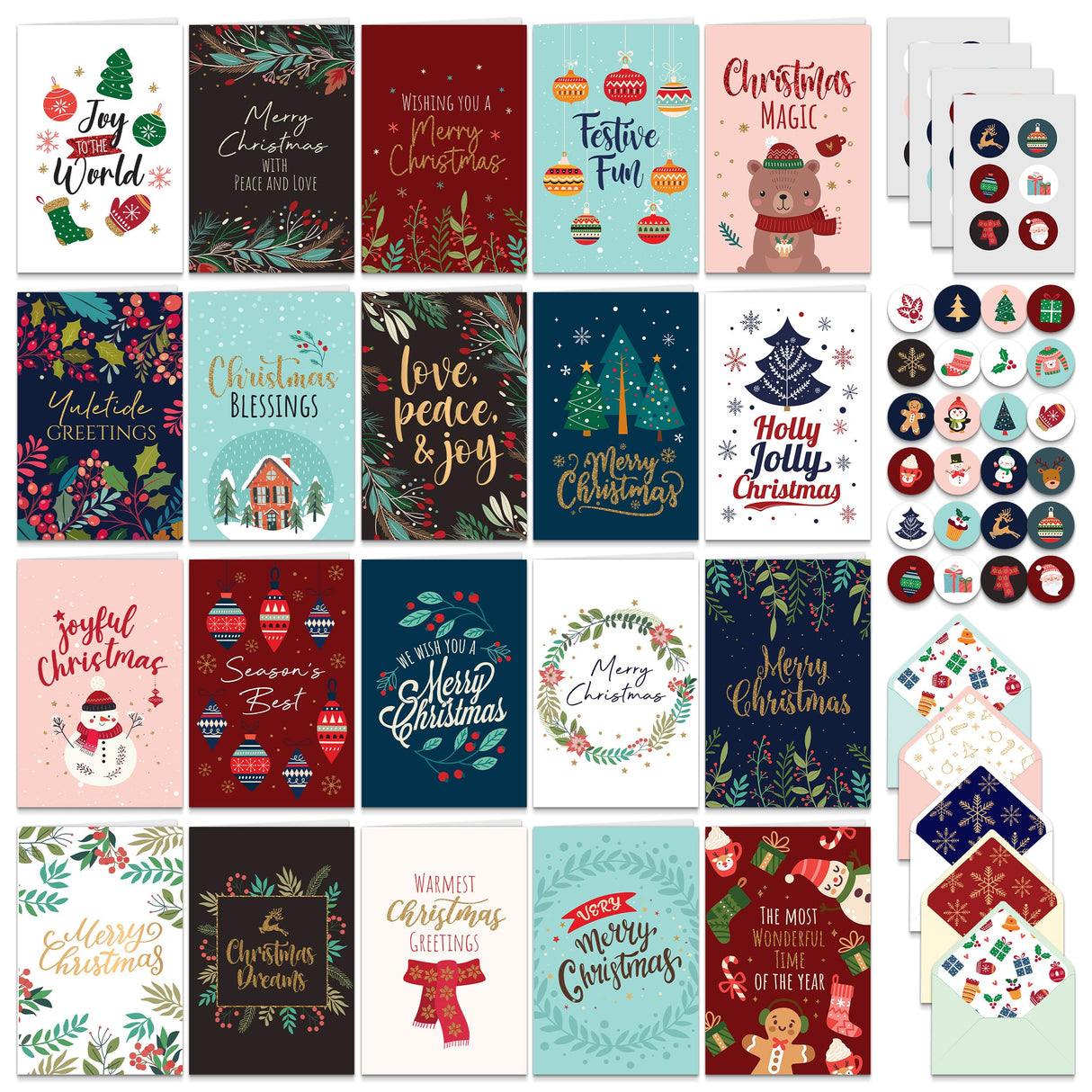 Decorably 100 Pack Foiled and Glittery 6x4in Christmas Cards with Envelopes Bulk and Stickers, 20 Festive Designs Bulk Christmas Cards with Envelopes, with Printed Message Inside