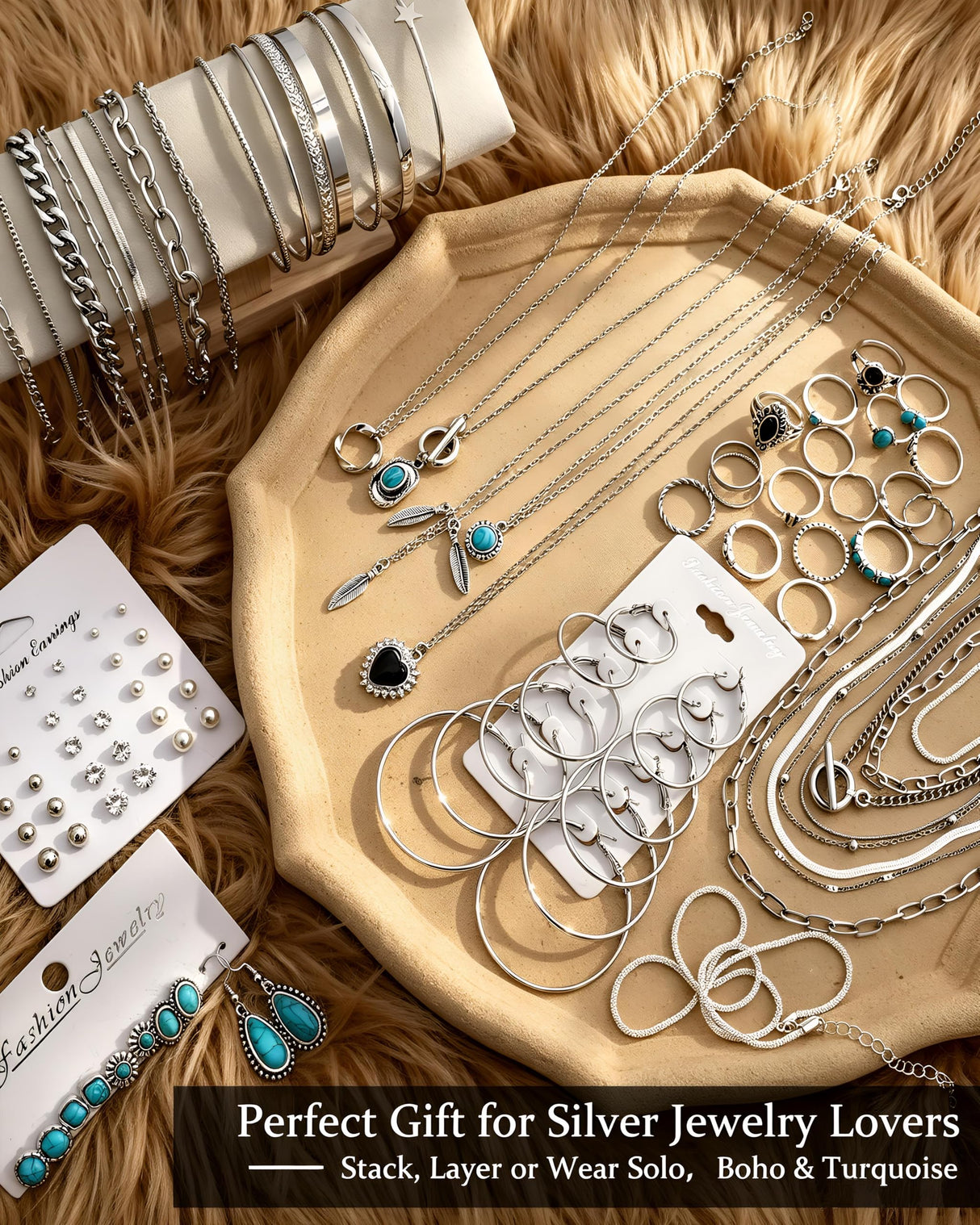 FAXHION 73PCS Western Silver Jewelry Set for Women, Boho Layered Necklaces & Stackable Rings Set, 14 Necklaces 15 Bracelets 26 Earrings 18 Knuckle Rings, Vintage Costume Jewelry Gift