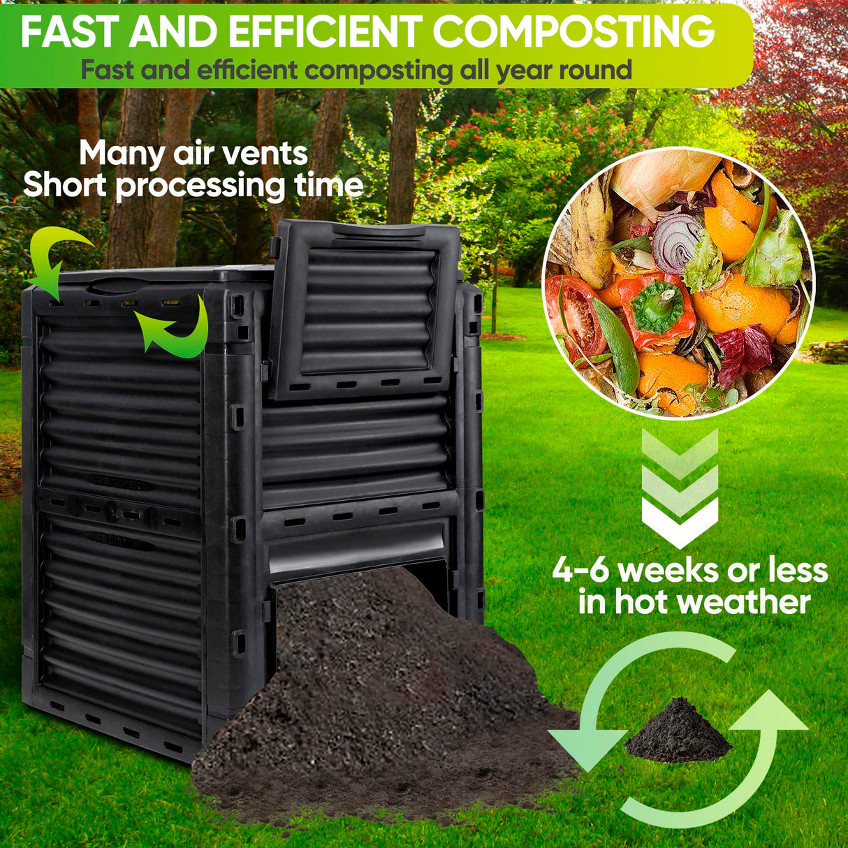 F2C Compost Bin 80 Gallon,Includes Gloves, Large Compost Bin w/Top Flip Latch-on Lid, Bottom Exit Door Aerating Outdoor Garden Compost Box,BPA Free Material for Backyard Outdoor, Black