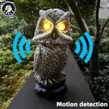 Ugold Solar Powered Owl with Motion Detection, Silent Mode, Flashing Eyes, Rotatable Head and Realistic Hoots, Plastic Owl Decoration for Home, Garden, Patio and Fence
