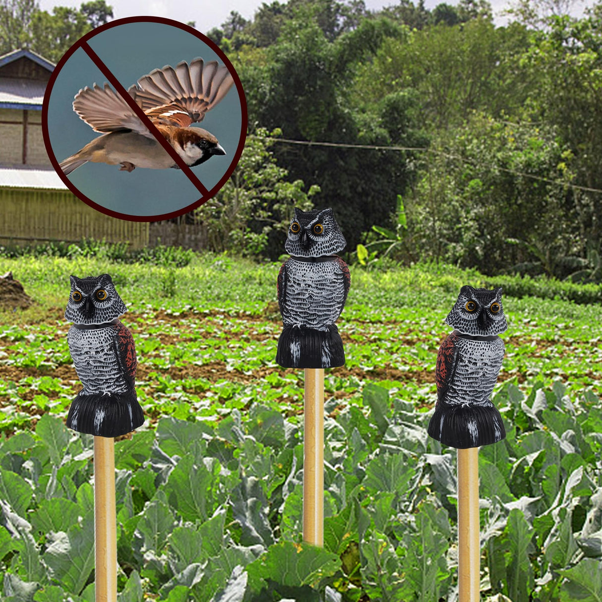 Hausse 3 Pack Bird Scarecrow Mini Fake Owl Decoy Sculpture, 8.26 inch Wagging Head Plastic Small Owl Bird Deterrents, Nature Enemy Horned Pest Repellent for Outdoor Garden Yard