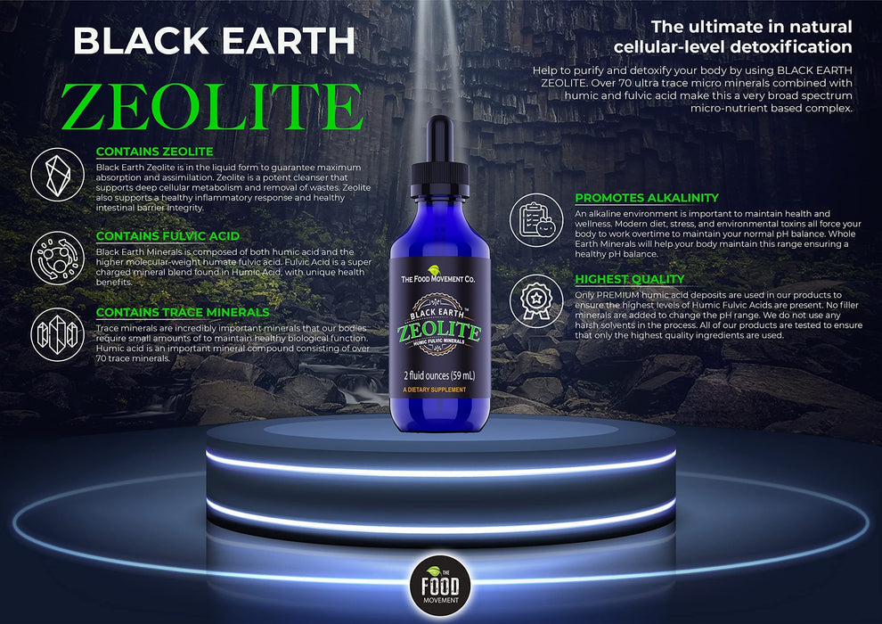The Food Movement Black Earth Zeolite with Humic Fulvic Acids, Trace Minerals for Gut Health, Immune Support - 1oz Liquid Drops Supplement