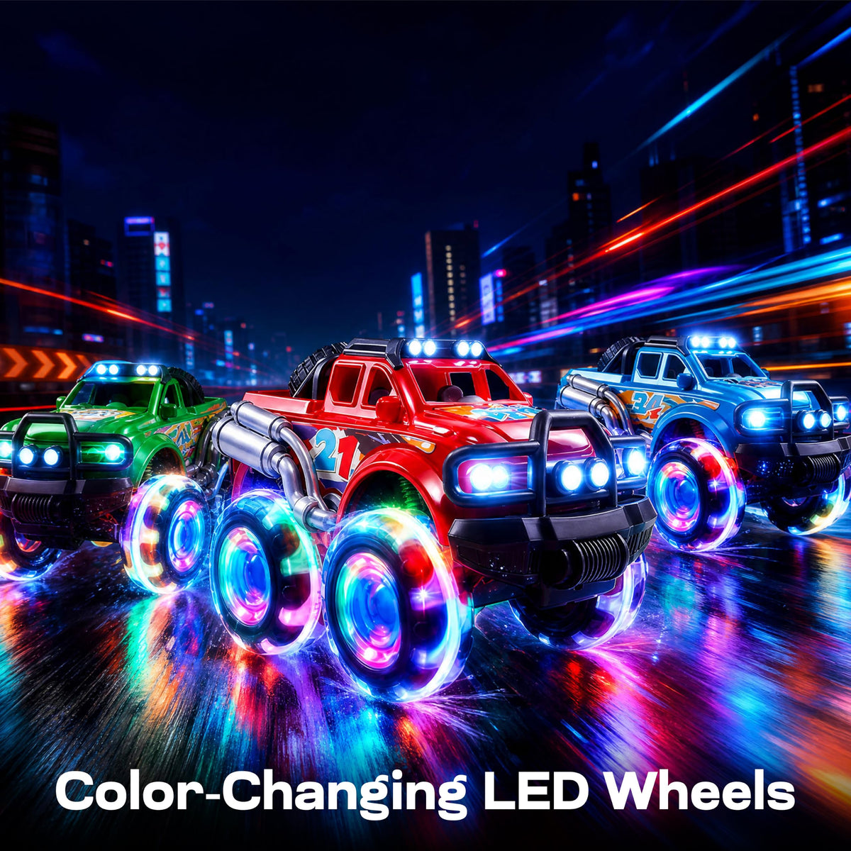 Vroomix 3 Pack Monster Truck Toy - Toy Truck with Flashing LED Wheels - Light-Up Friction-Powered Cars for Kids - Boys Girls Birthday Gift