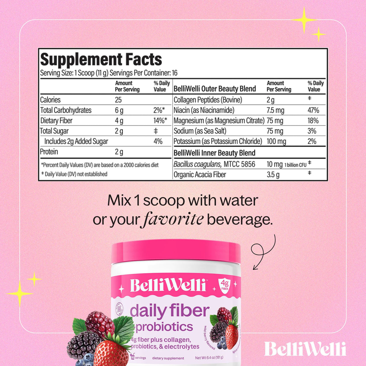 Belli Welli Fiber Supplement for Women & Men – Premium Daily Fiber Powder from Organic Acacia with Added Collagen, Electrolytes & Probiotics – No Bloat, Constipation & Gut Health Support (Wild Berry)