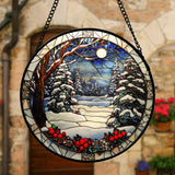 DASTOLL Stained Glass Window Hanging Christmas Tree Winter Snow Night Scenery 7.8" - Suncatcher Door Garden Kitchen Sun Catcher Home Decor Birthday for Mom Men Woman Friend