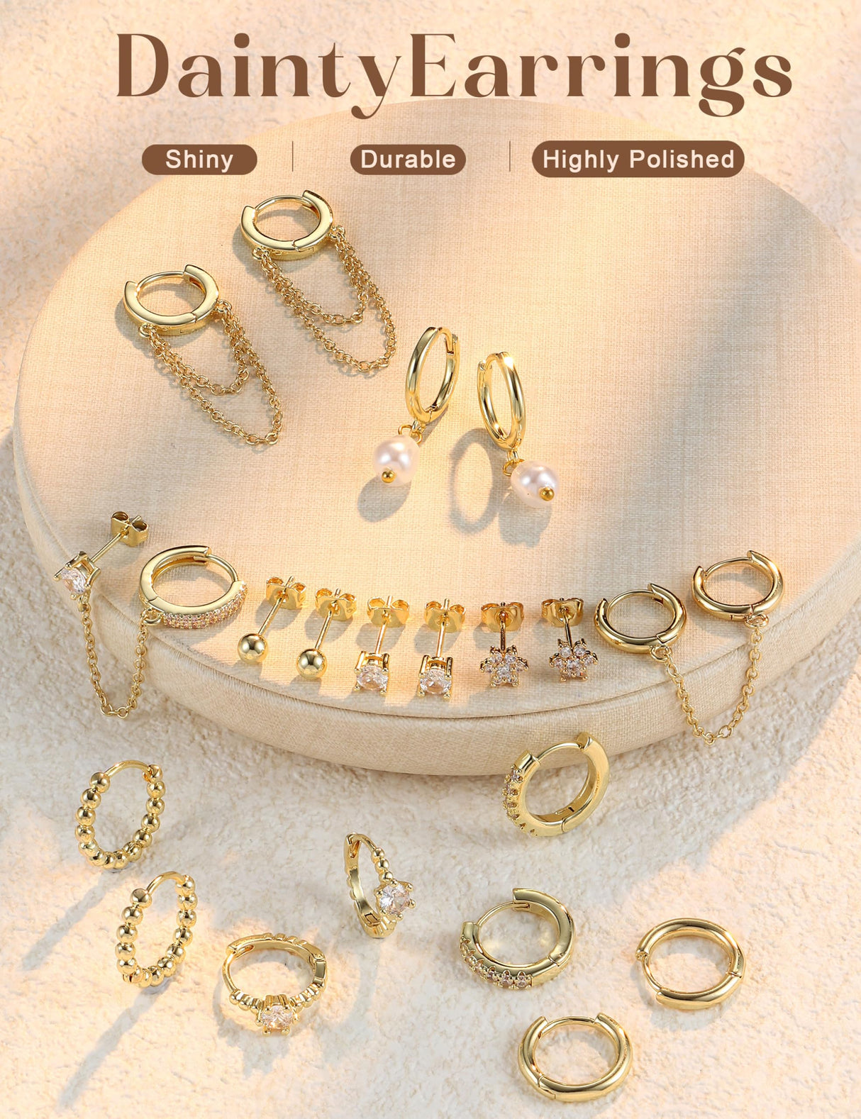 HAIAISO 10 Pairs Small Gold Huggie Hoop Earrings for Women Lightweight Double Piercing Chain Earrings 14K Gold Plated Dainty Ball Stud Earrings Hypoallergenic Gold Earring Set