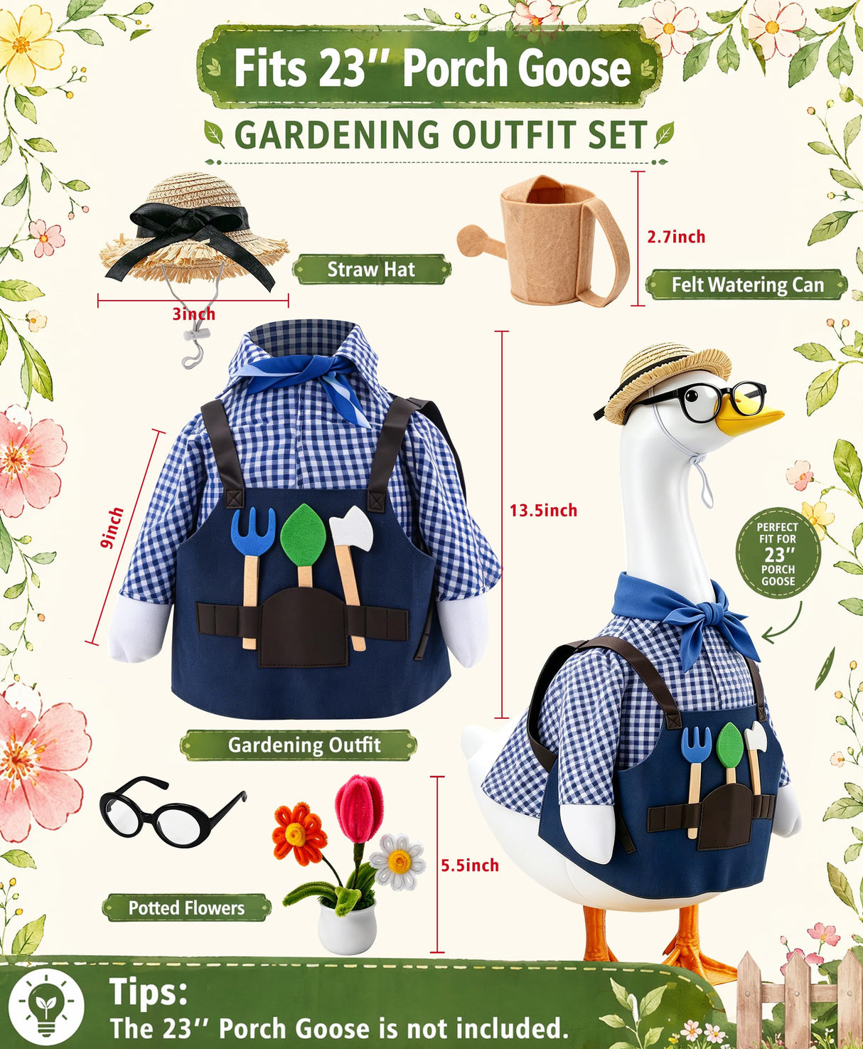 SIQUK Gardener Porch Goose Outfit Porch Goose Clothes Fit 23'' Geese Statue