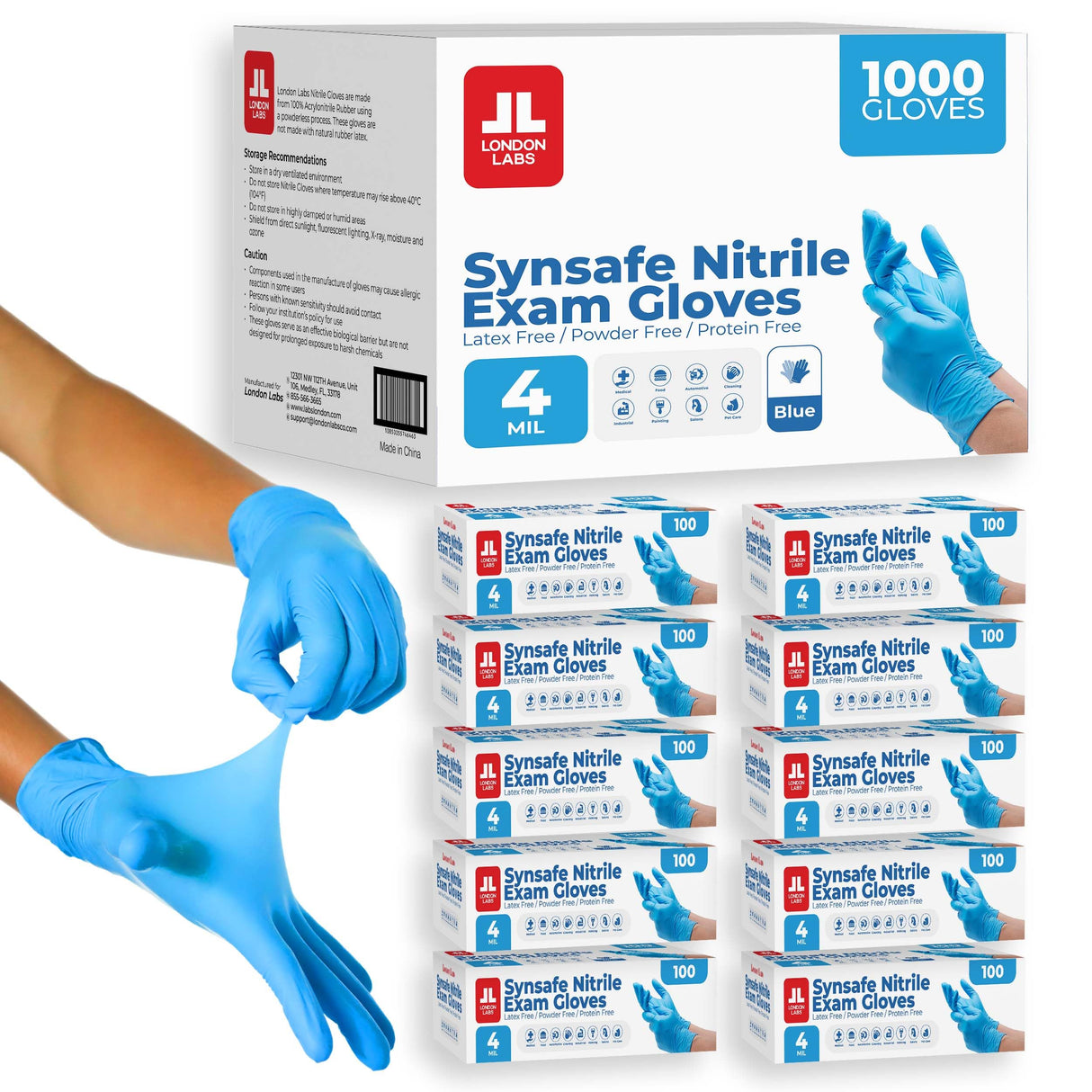 London Labs Synsafe 4 Mil -Blue Nitrile Exam Gloves –Disposable Latex Free & Powder Free – Extra Strong, Rubber Gloves – First Aid Kit, Medical, EMT, Cleaning, Cooking | Bulk Case of (1000 ct)