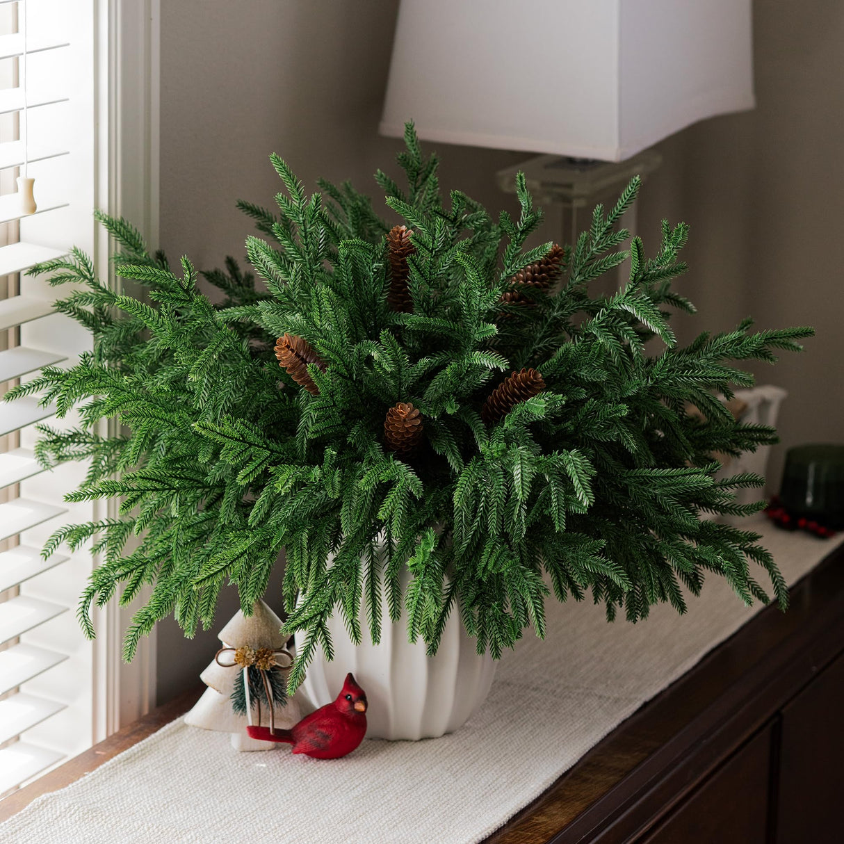 HyeFlora 19 Inch Christmas Norfolk Pine Stems, 12PCS Real Touch Faux Cedar Pine with 5PCS Big Pine Cones Branches, Artificial DIY Greenery Stems Plastic Picks for Vase Indoor Outdoor Home Garden Décor