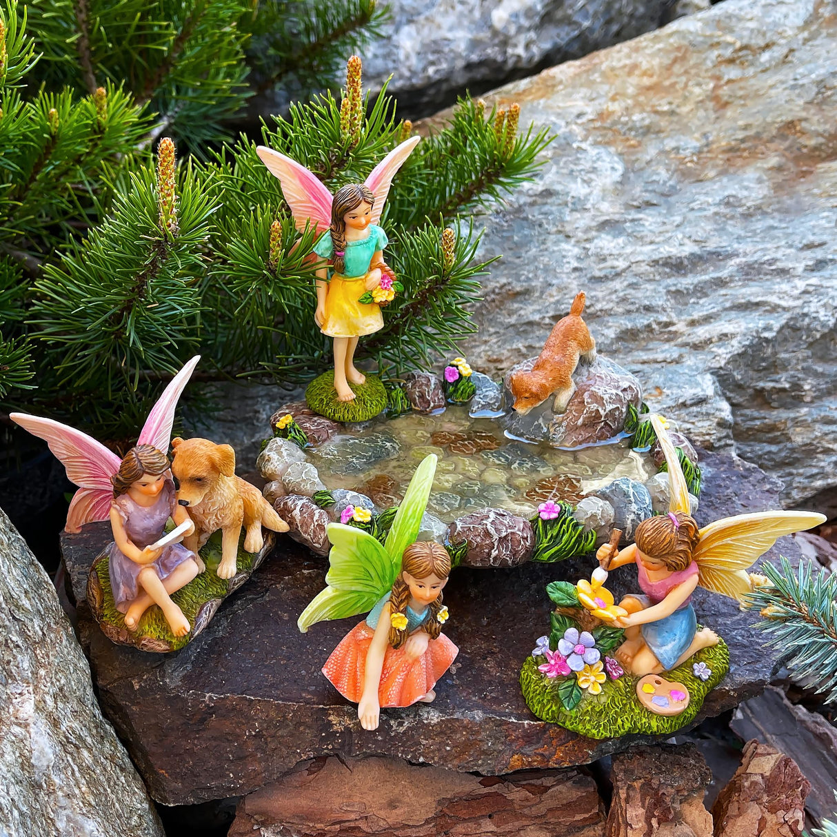 Mood Lab Fairy Garden Decor Figurines - Decorative Resin Pond Statues (5 Pieces) for Indoor & Outdoor Decor
