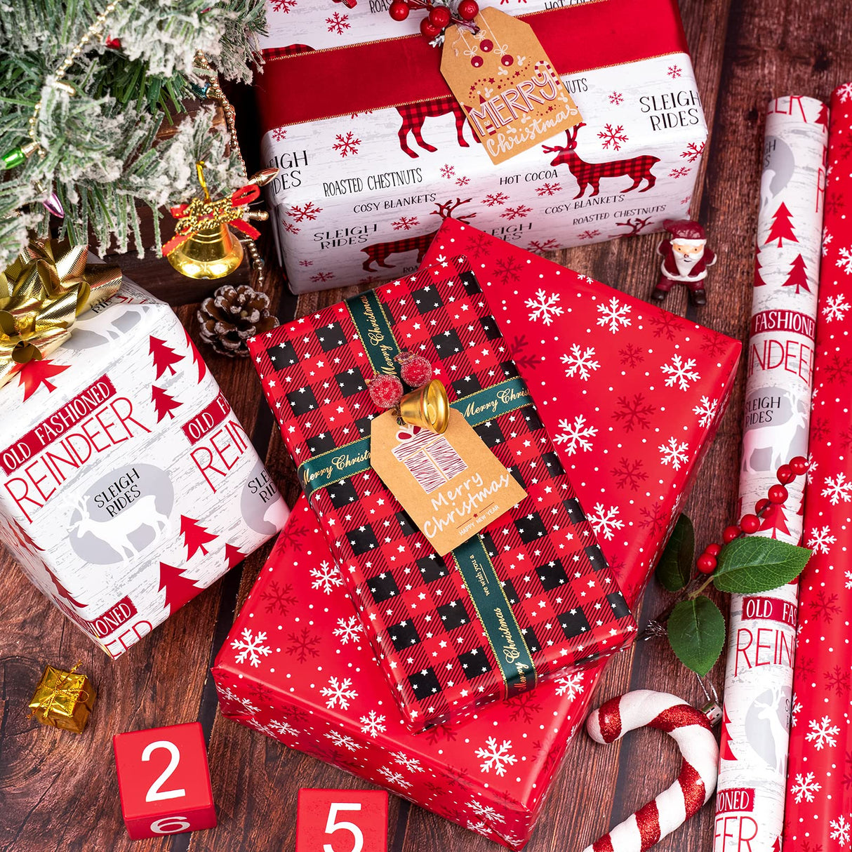 WRAPAHOLIC 30 Inch Christmas Wrapping Paper Roll - Jumbo Roll Rustic Holiday Woodland Scenes - Snowflake, Plaid, Reindeer - 4 Rolls - 30 Inch x 120 Inch Per Roll