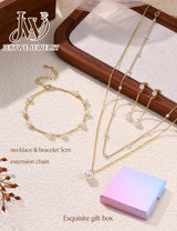 JeryWe Gold Jewelry Set for Women Dainty 14K Gold Plated Layered Pearl Choker Necklace and Drop Earrings Set Adjustable Bracelets Pearl Choker Necklace Wedding Jewelry Sets for Brides