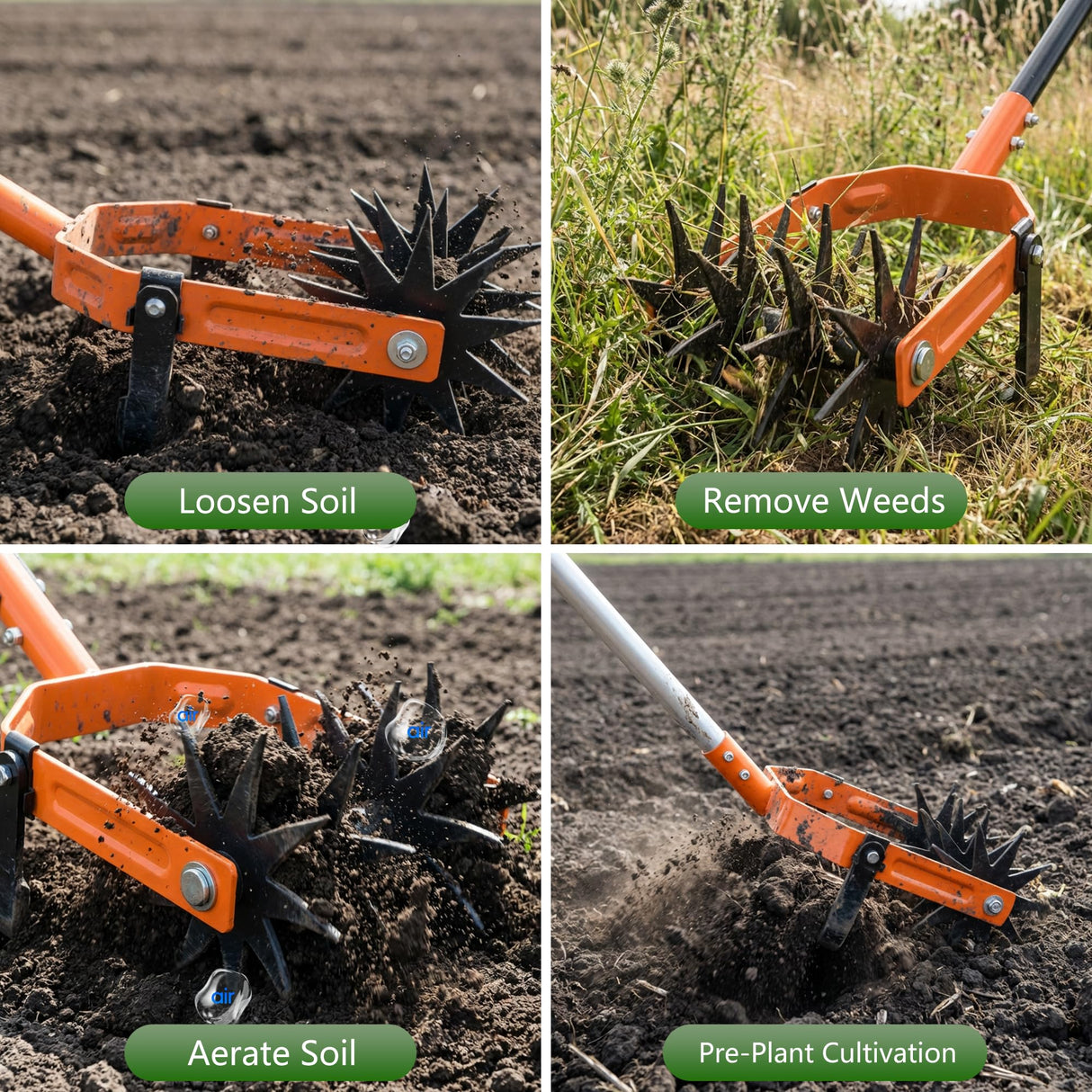 DwelSpire Rotary Cultivator - Long Handle Garden Cultivator with Adjustable Stainless Steel Pole, 2-in-1 Hand Tiller Garden Tool for Weeding, Soil Loosening, Aerating & Reseeding Grass