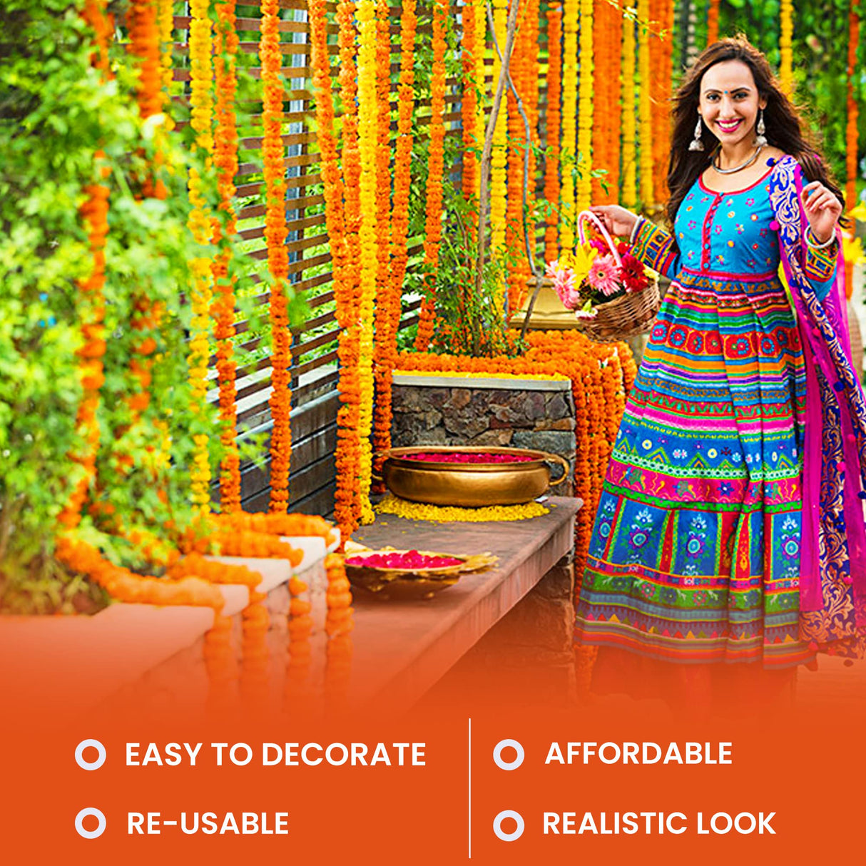 DIYANA IMPEX Marigold Garland for Decoration 5 Pcs of 5 feet Long Strands Artificial Marigold Flowers with Bell, Indian Décor for Pooja/Diwali Decorations/Christmas (Orange + Yellow)