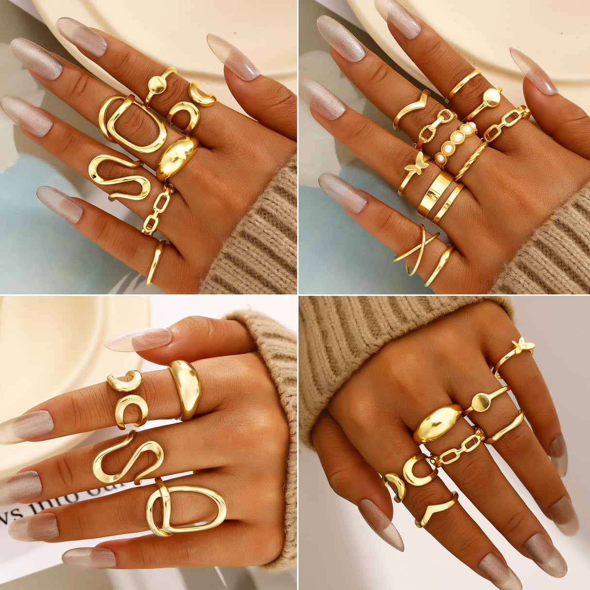 FAXHION 68 Pcs Gold Jewelry Set for Women with 7 Necklace, 17 Bracelet, 5 Hoop Earrings, 15 Stud Earrings, 24 Knuckle Rings for Women Jewelry Set for Women Gift