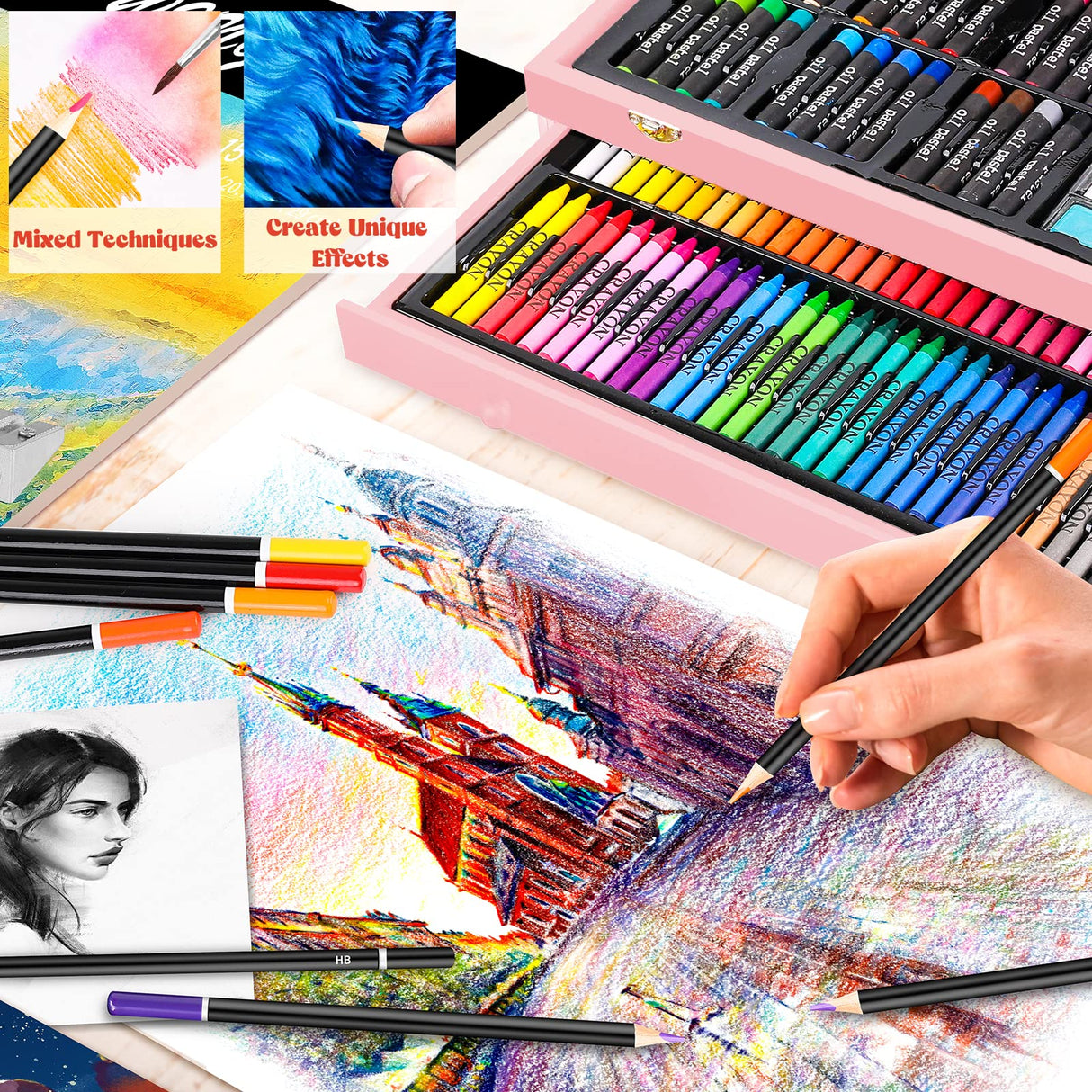 Caliart Art Supplies, 153-Pack Deluxe Art Set in Wooden Case, Crafts Drawing Painting Kits with 2 A4 Sketch Pads, Coloring Book, Stocking Stuffers Christmas Gifts for Teens Girls Kids Artists