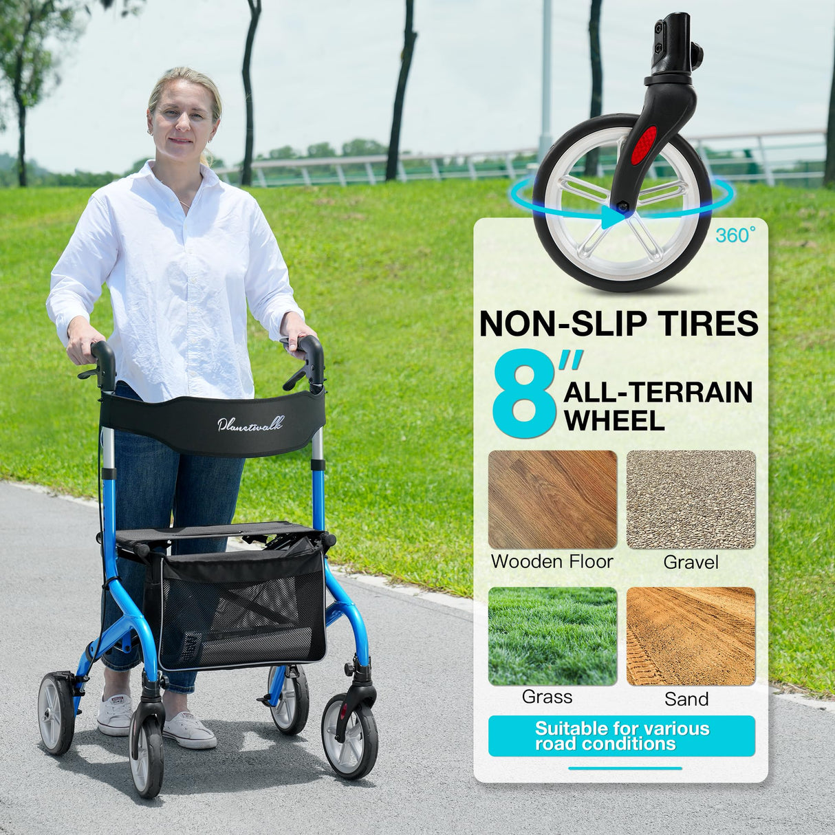 PLANET WALK Super Lightweight Rollator Walker for Seniors, Foldable Rolling Walker with Seat and 8" Rubber Wheels for All Terrain, Unique Design Aluminium Frame Sturdy Walkers for Traveling - Blue