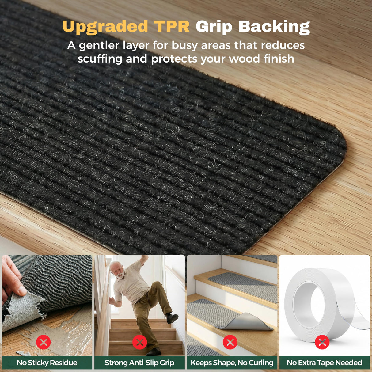 MBIGM Carpet Stair Treads for Wooden Steps, Black, 8 x 30 in, 15 Pack