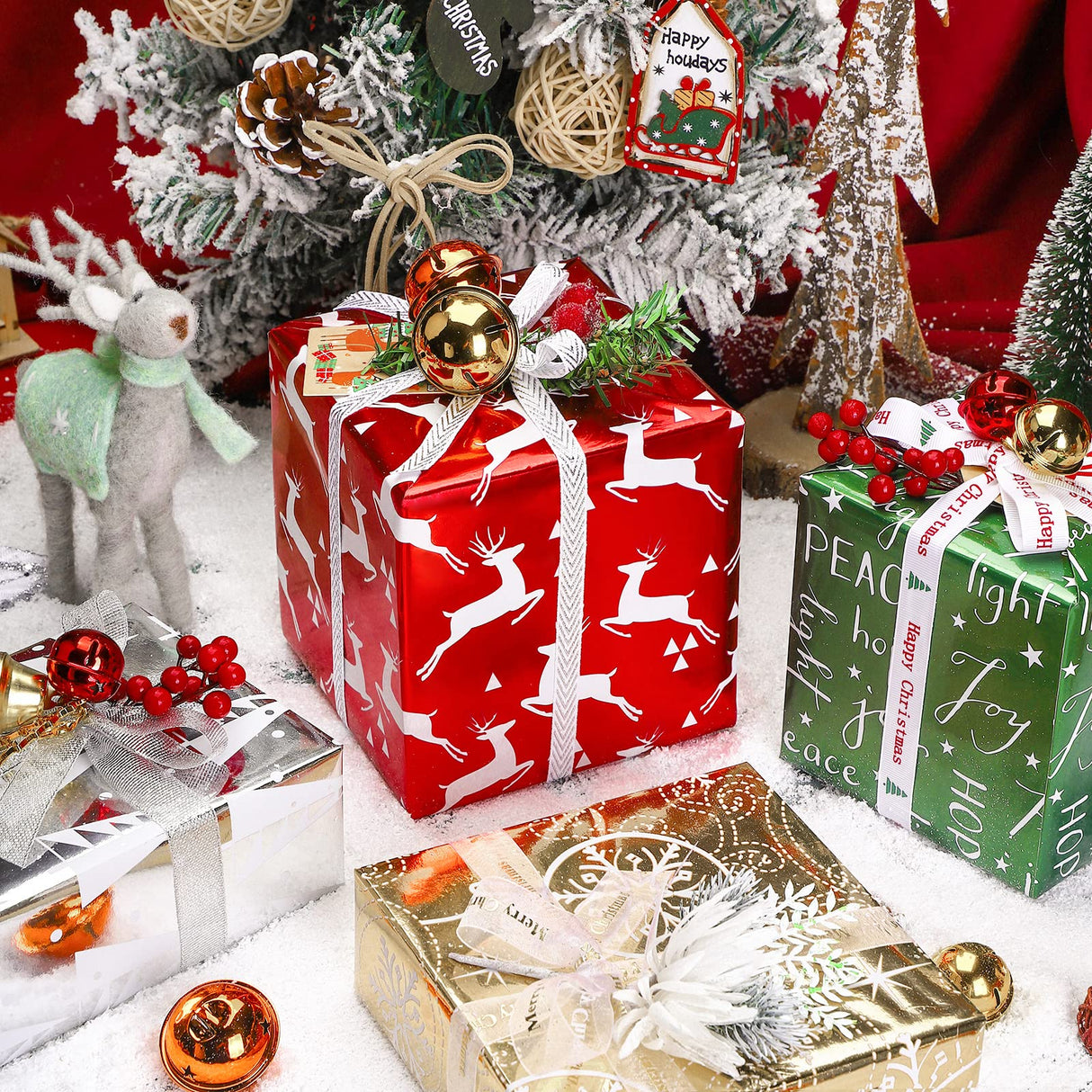 WRAPAHOLIC 30 Inch Christmas Wrapping Paper Roll - Jumbo Roll Red Green Gold and Silver Snowflakes Trees Holiday Collection with Metallic Foil Shine - 4 Rolls - 30 Inch x 120 Inch Per Roll