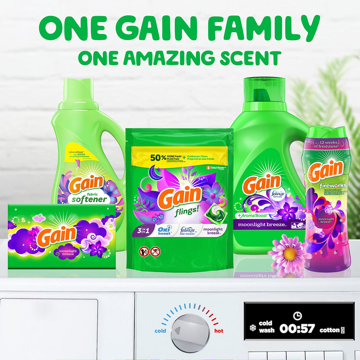 Gain flings! Laundry Detergent Soap Pacs HE Compatible 60 ct Long Lasting Scent Moonlight Breeze