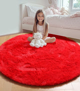 ONASAR Red Round Area Rug 4x4, Soft Bedroom Circle Rugs Floor Mat for Kids Girls Teen Room, Kawaii Fluffy Plush Shaggy Carpet for Nursery Living Room Playroom Christmas Home Decor Princess Castle