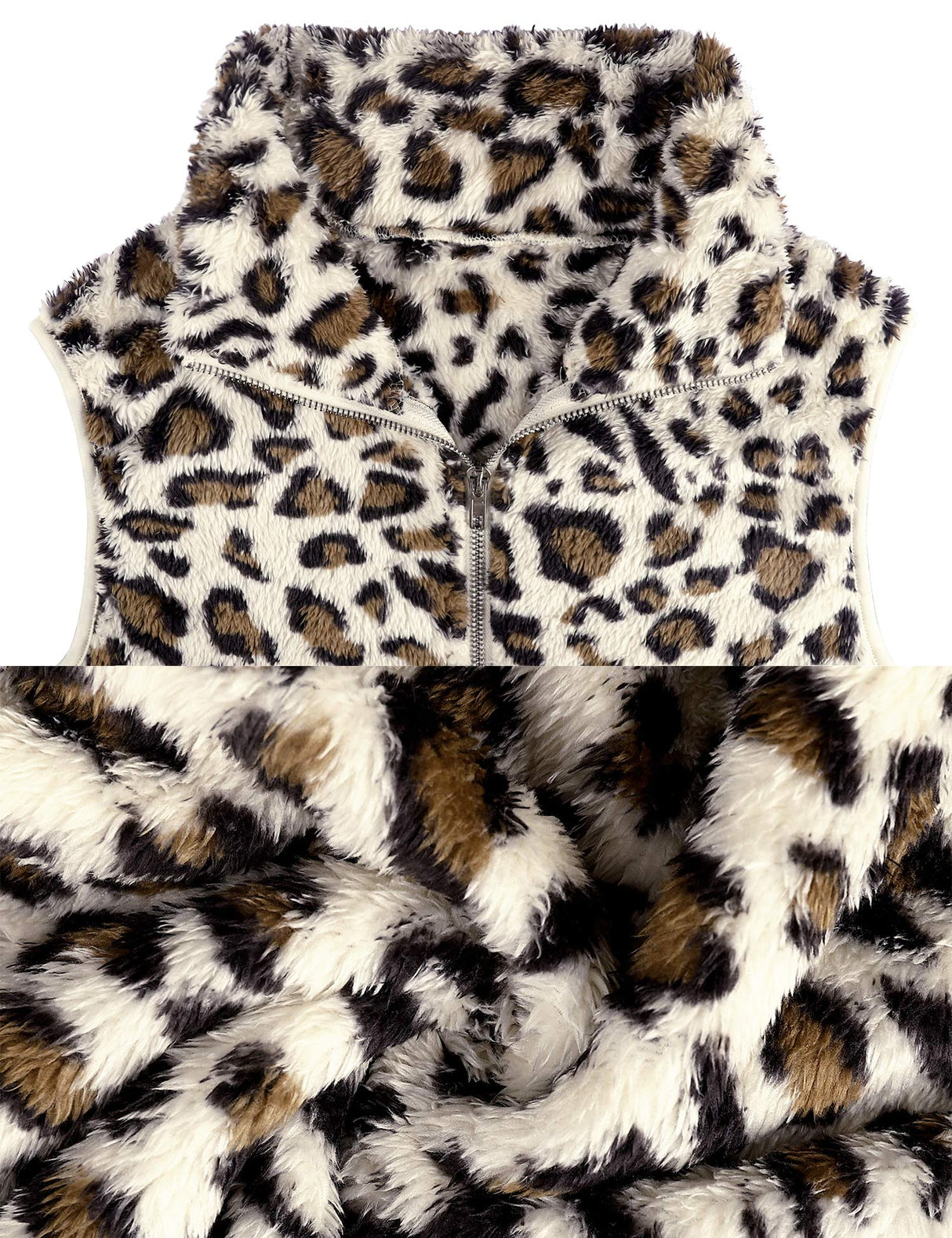 LOMON Women's Leopard Sleeveless Zipper Sherpa Fleece Vest Christmas Jacket Coat with Pockets Apricot Leopard L