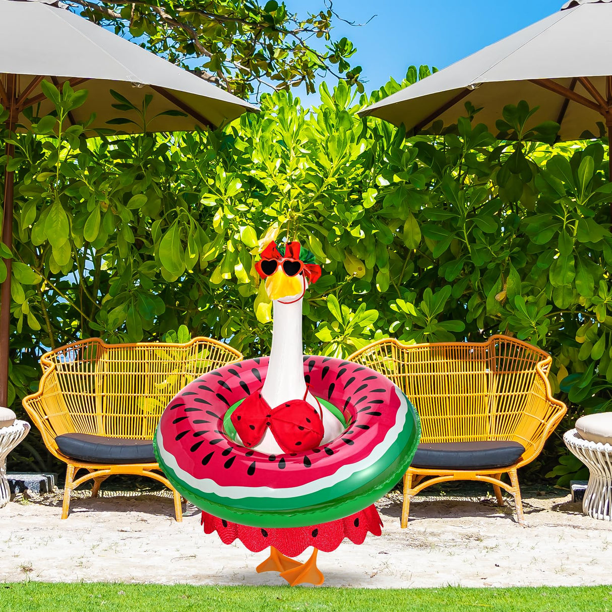 GANSHAYA Hawaiian Porch Goose Outfits Summer Bikini Goose Outfit Fits 23" Goose Statue with Hat Sunglasses & Swimming Ring for Cement Yard Decor(Watermelon)
