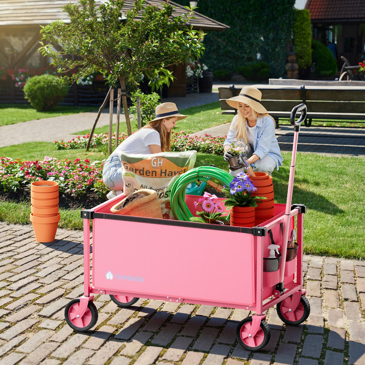 HOMBETTA 29.3" Collapsible Wagon Cart, 150L Heavy Duty Folding Utility Wagon with Wheels, 260 lbs Load, Portable Rolling Cart for Garden, Shopping, Sports, Camping, Pink