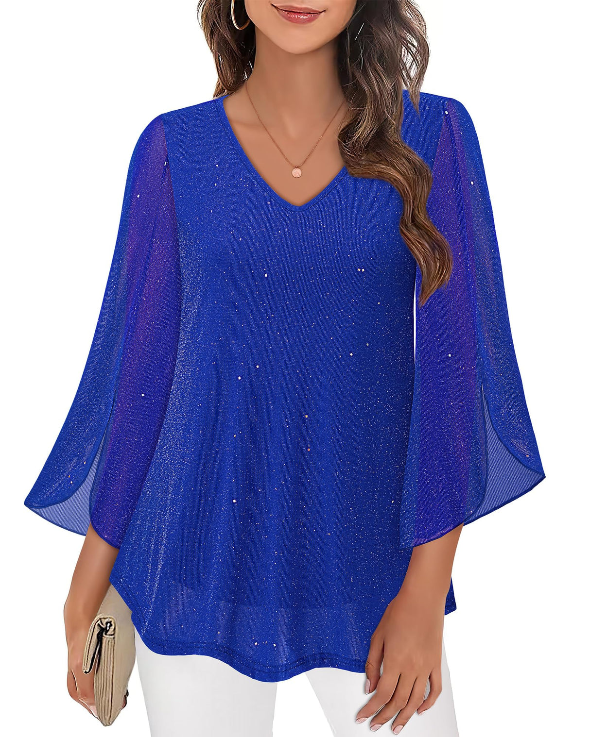 Bebonnie Dressy Tops for Evening Wear: 3/4 Sleeve Trending Fall Clothes for Women 2024 - Sparkly Sequin Homecoming Modest Dresses - Grandmother of Bride Blouse Christmas Top Star Blue XXL