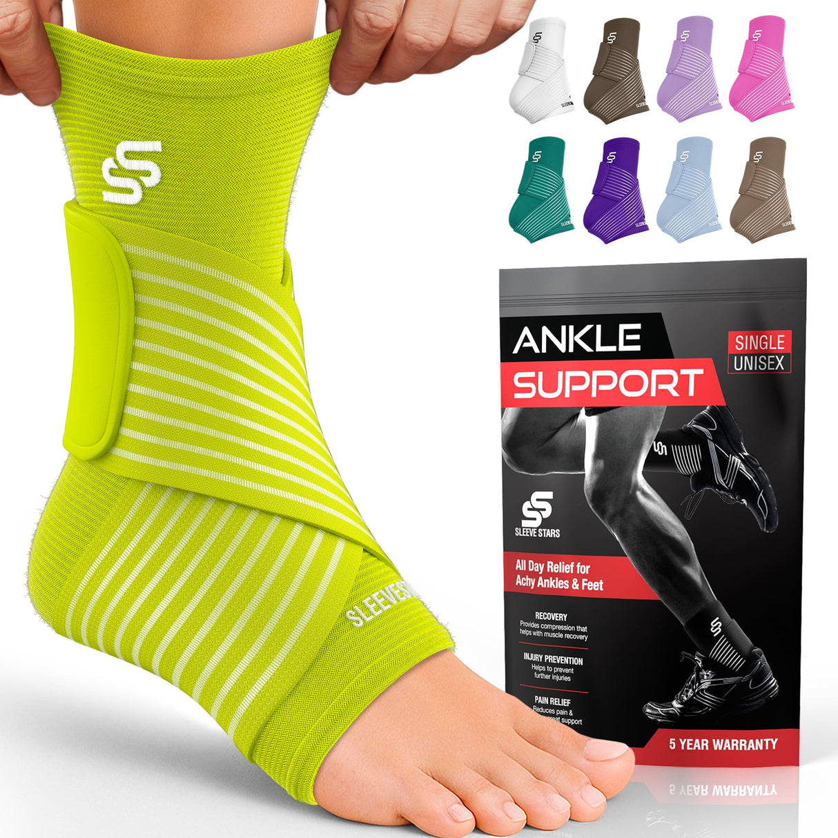 Sleeve Stars Ankle Brace for Women & Men, Ankle Wrap for Sprain, Compression Sleeve for Plantar Fasciitis Relief, Easy Customizable Support: w/ Removable Strap (Single/M:10"-12"/Neon Green)