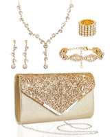 Henoyso 5 Pcs Jewelry Set, Rhinestone Clutch Purse for Prom,Gold