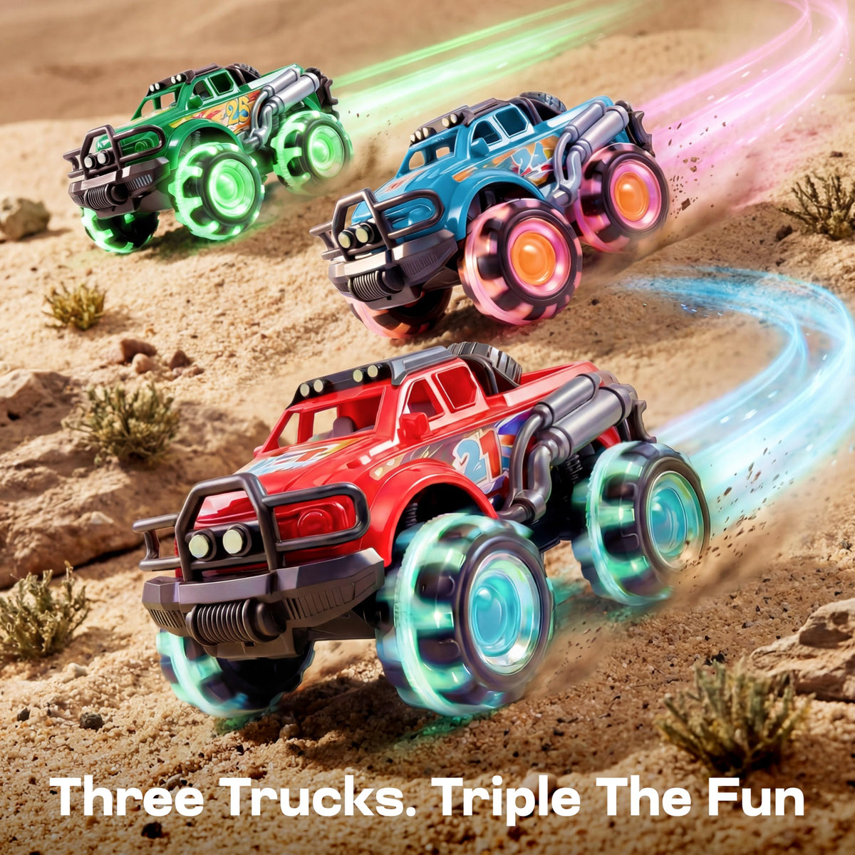 Vroomix 3 Pack Monster Truck Toy - Toy Truck with Flashing LED Wheels - Light-Up Friction-Powered Cars for Kids - Boys Girls Birthday Gift