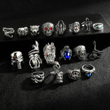 EIELO 24Pcs Vintage Punk Rings Set for Men Cool Gothic Chunky Rings Statement Snake Claw Skull Dragon Eyes of Hell Open Boho Ring Set